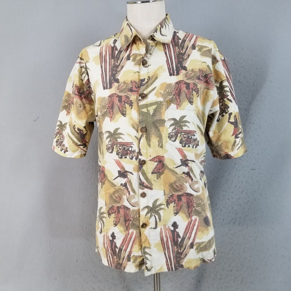 Kahala Shirt Mens L Tan Hawaii Surfing‎ Woodie Wagon Tropical Cotton Button Up